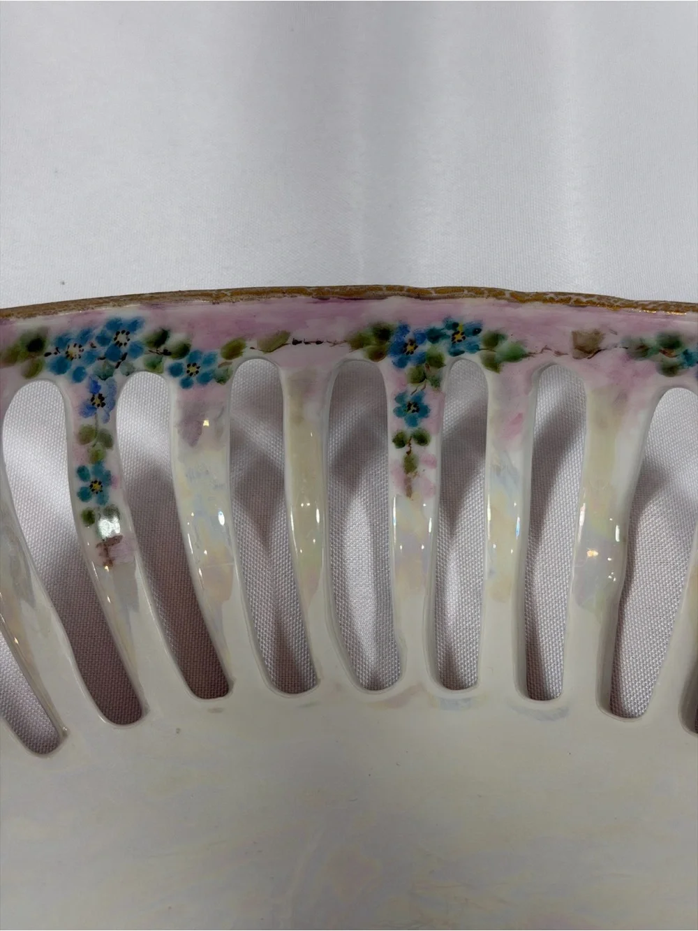 Vintage Reticulated Lattice Footed Fruit Bowl, Dresden-Style, Luster Glaze